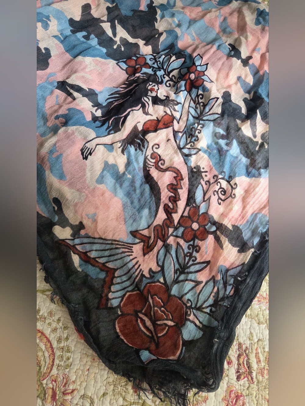 Zadig And Voltaire Delta Camou Tattoo Mermaid Skull Rose Scarf
